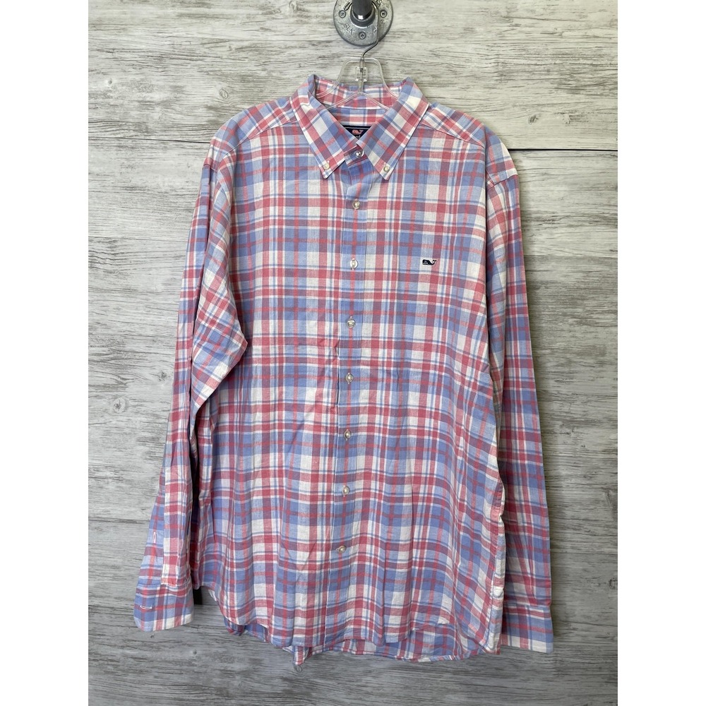 Vineyard Vines Shirt Mens XL Multicolor Plaid Slim Fit Whale Button Up Linen